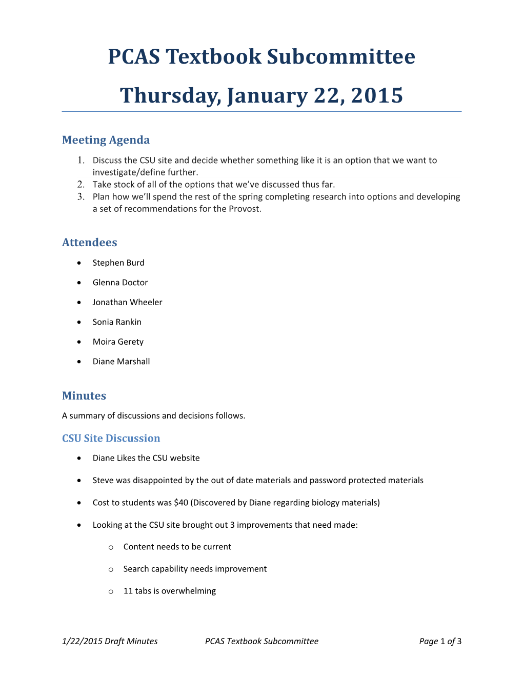 PCAS Textbook Subcommittee Meeting Agenda