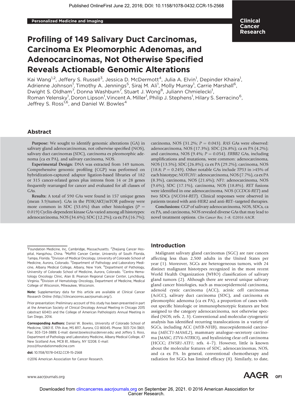 Profiling of 149 Salivary Duct Carcinomas, Carcinoma Ex Pleomorphic Adenomas, and Adenocarcinomas, Not Otherwise Specified Reveals Actionable Genomic Alterations