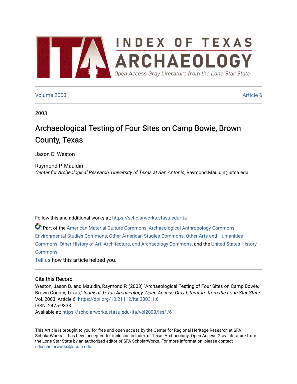 Archaeological Testing of Four Sites on Camp Bowie, Brown County, Texas