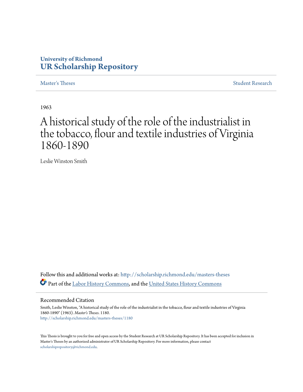 A Historical Study of the Role of the Industrialist in the Tobacco, Flour And