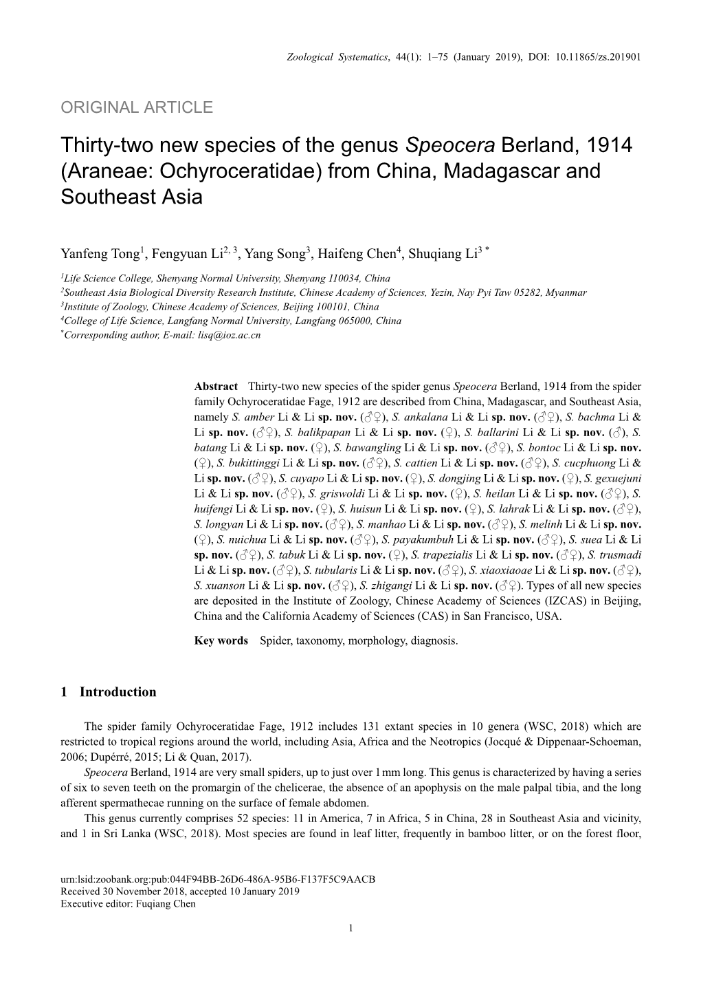 Thirty-Two New Species of the Genus Speocera Berland, 1914 (Araneae: Ochyroceratidae) from China, Madagascar and Southeast Asia