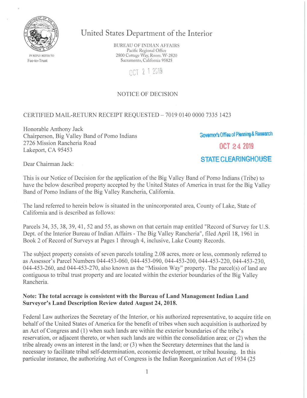 OCT 24 2019 STATE CLEARINGHOUSE Dear Chairman Jack