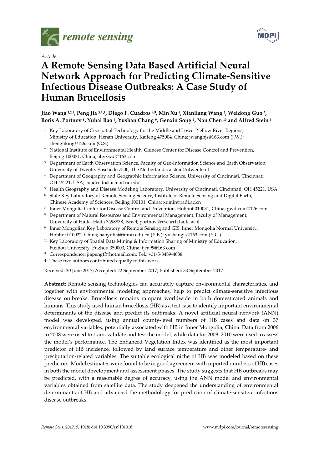A Remote Sensing Data Based Artificial Neural Network Approach for Predicting Climate-Sensitive Infectious Disease Outbreaks: a Case Study of Human Brucellosis