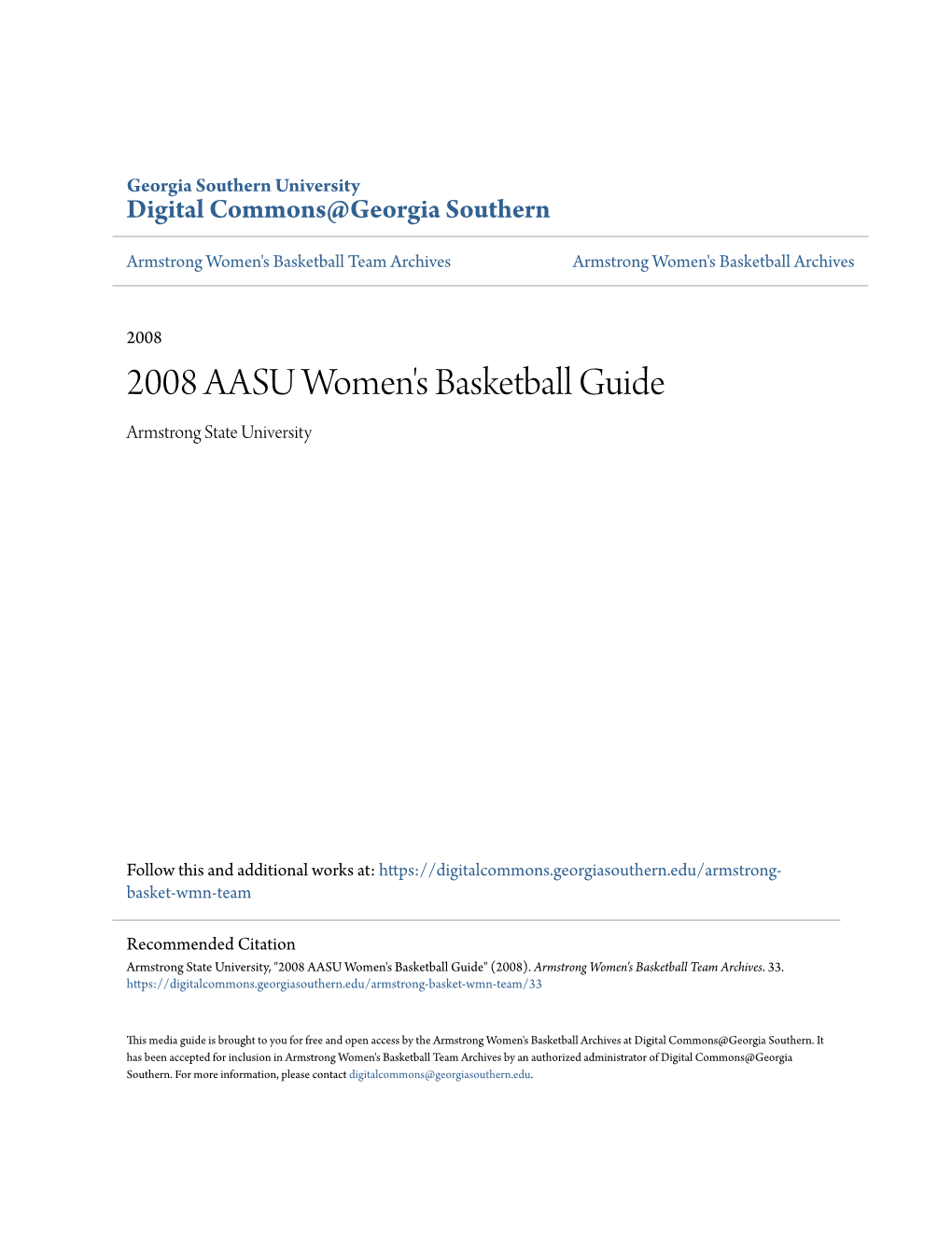 2008 AASU Women's Basketball Guide Armstrong State University