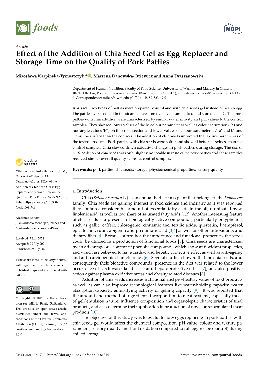 Effect of the Addition of Chia Seed Gel As Egg Replacer and Storage Time on the Quality of Pork Patties