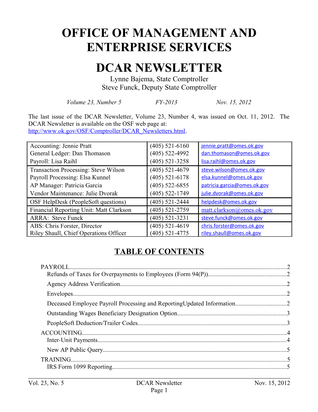 Office of Management and Enterprise Services DCAR Newsletter,November 2012