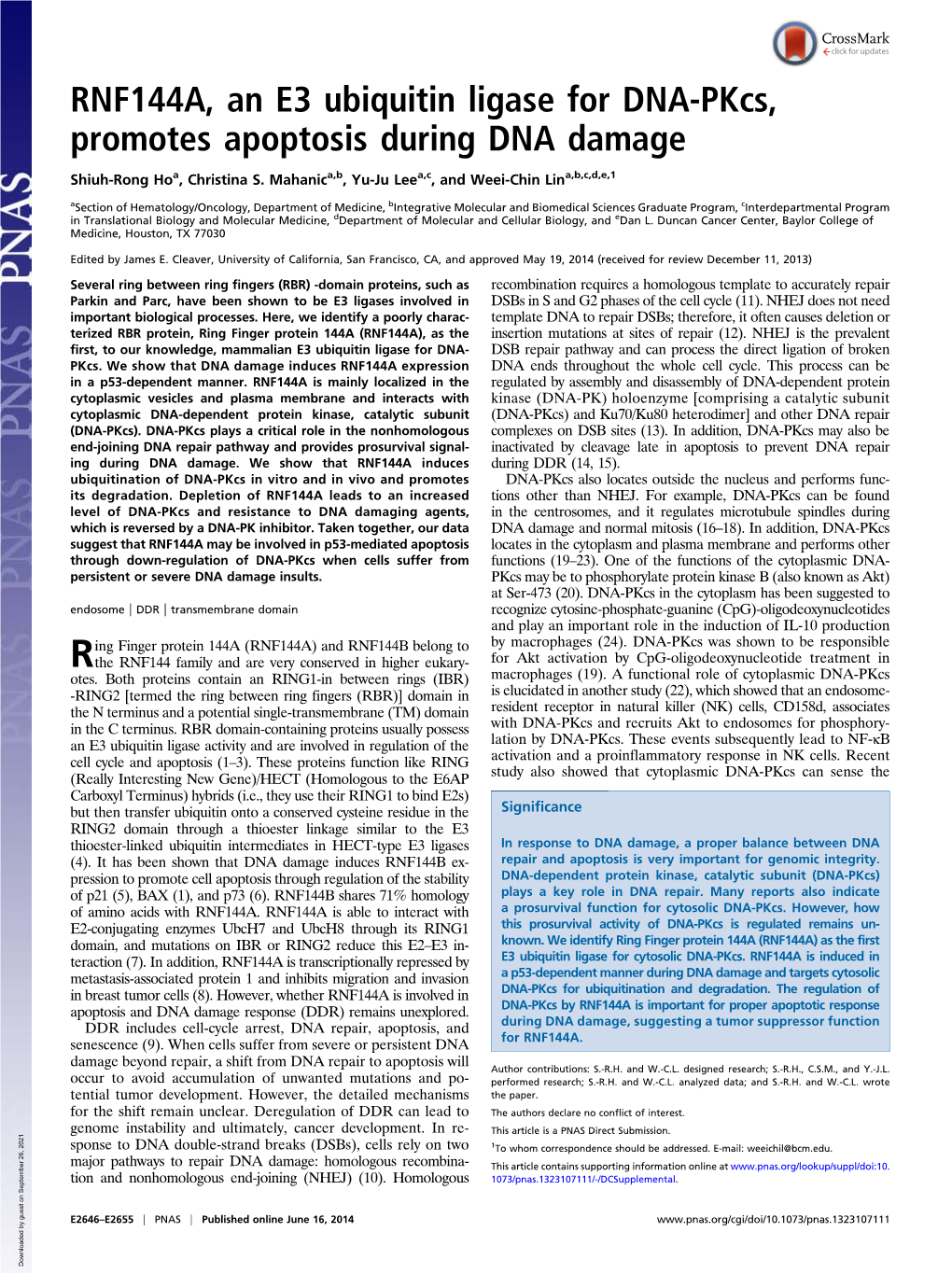 RNF144A, an E3 Ubiquitin Ligase for DNA-Pkcs, Promotes Apoptosis During DNA Damage