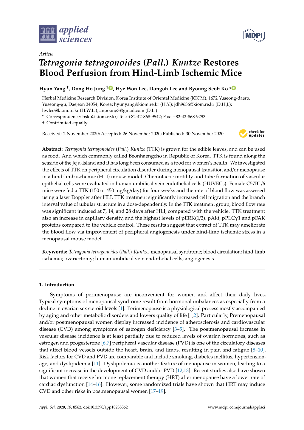 Tetragonia Tetragonoides (Pall.) Kuntze Restores Blood Perfusion from Hind-Limb Ischemic Mice