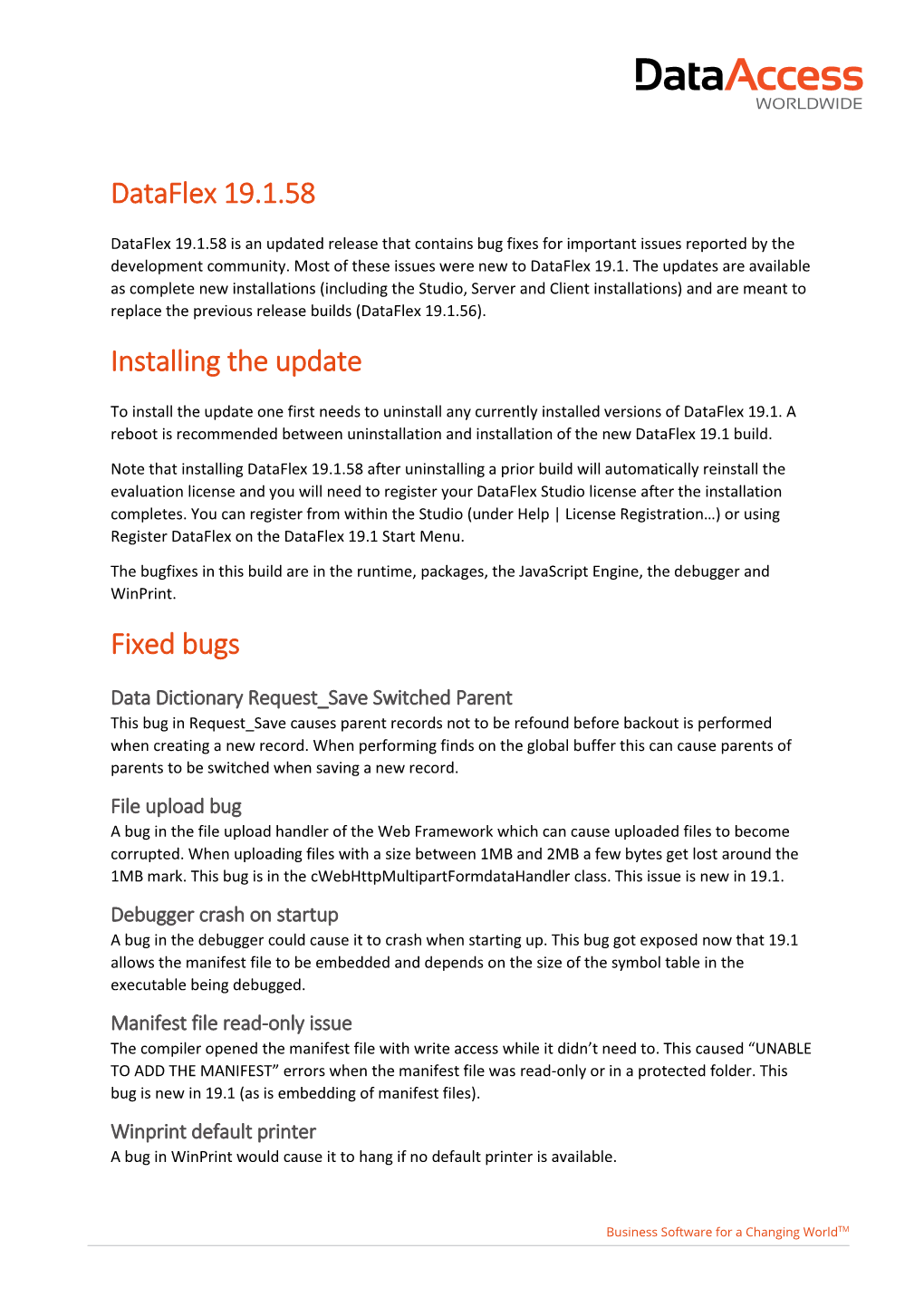 Dataflex 19.1.58 Installing the Update Fixed Bugs