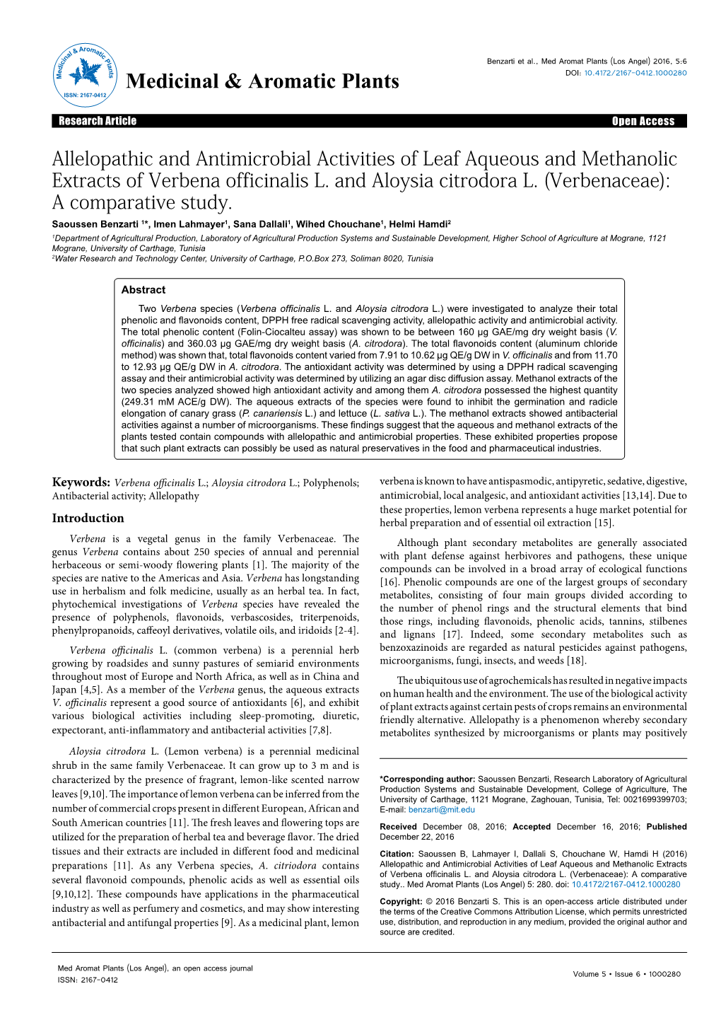 Allelopathic and Antimicrobial Activities of Leaf Aqueous and Methanolic Extracts of Verbena Officinalis L. and Aloysia Citrodora L