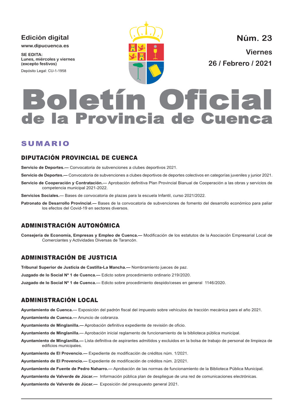 Boletín Oficial De La Provincia De Cuenca Sumario Diputación Provincial De Cuenca