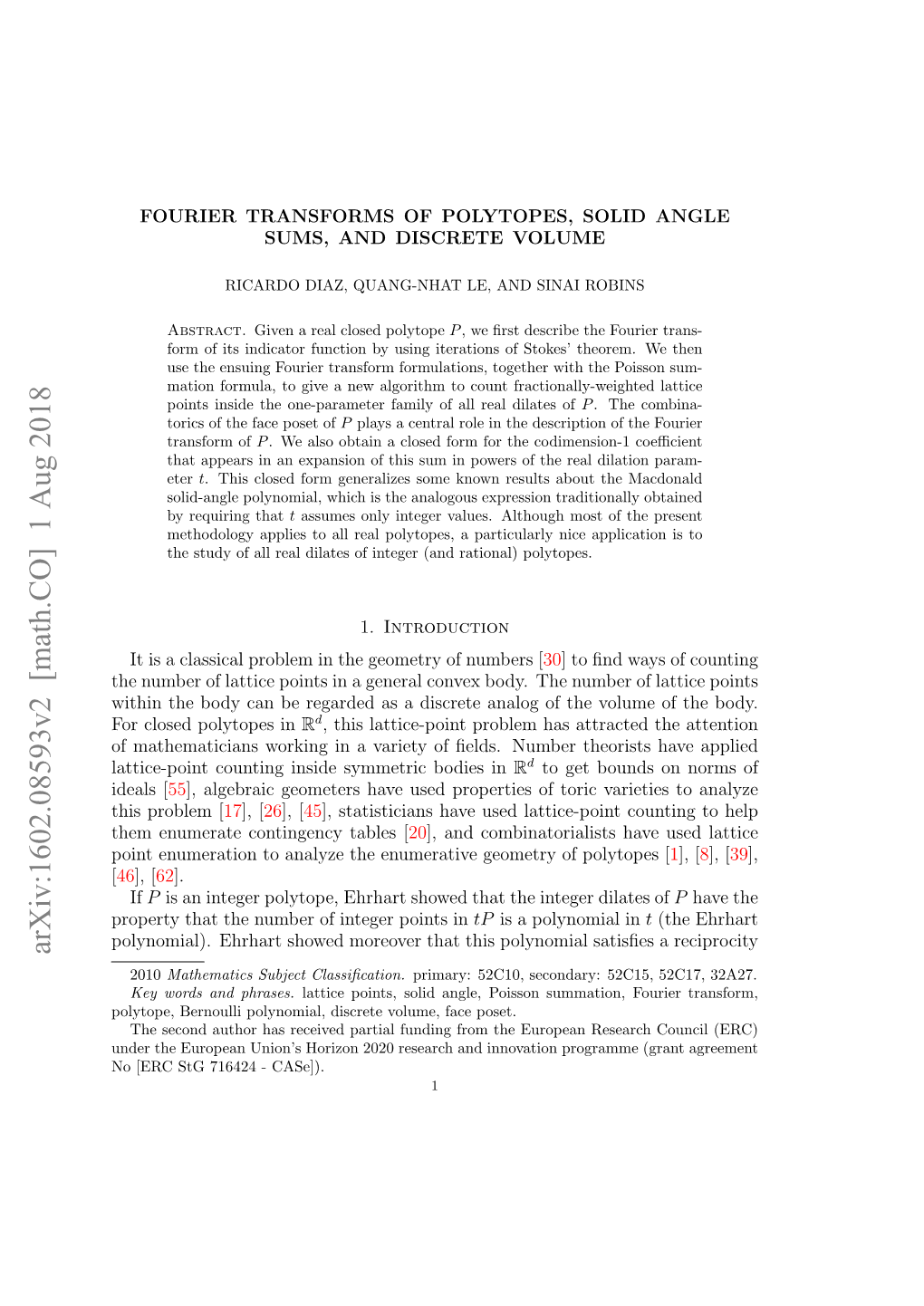 Fourier Transforms of Polytopes, Solid Angle Sums, and Discrete Volume