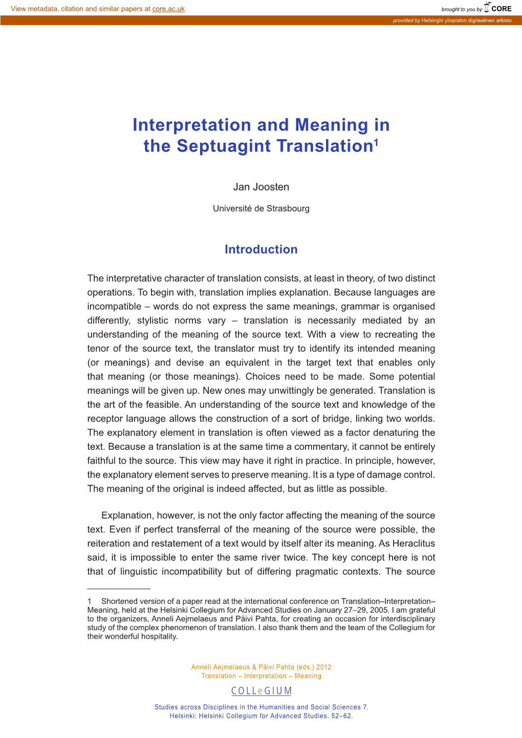 Interpretation and Meaning in the Septuagint Translation1