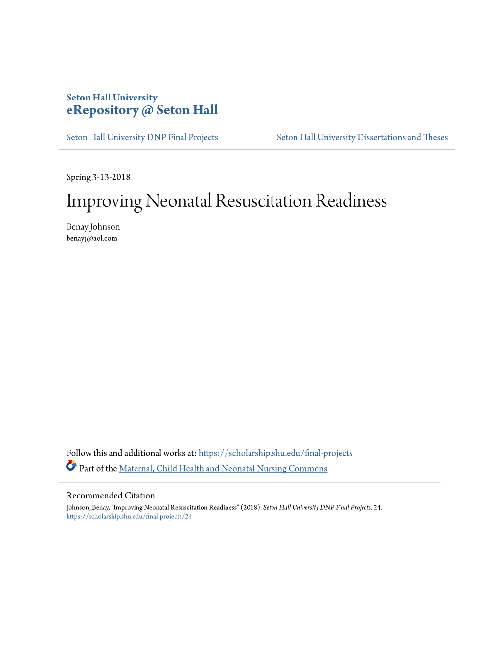 Improving Neonatal Resuscitation Readiness Benay Johnson Benayj@Aol.Com