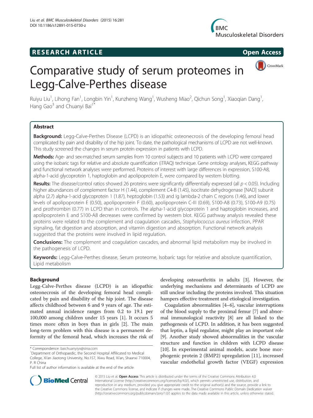Comparative Study of Serum Proteomes in Legg-Calve-Perthes