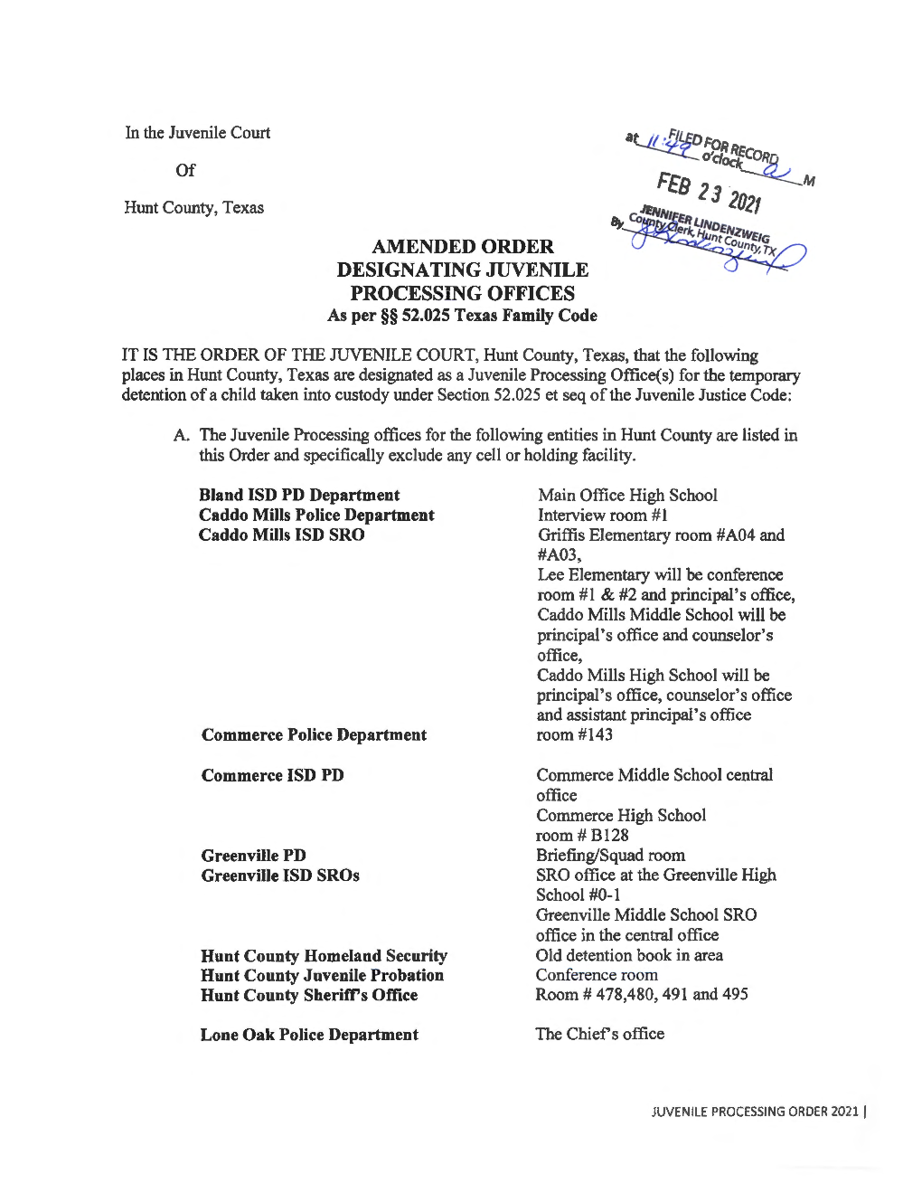 PROCESSING OFFICES As Per §§ 52.025 Texas Family Code