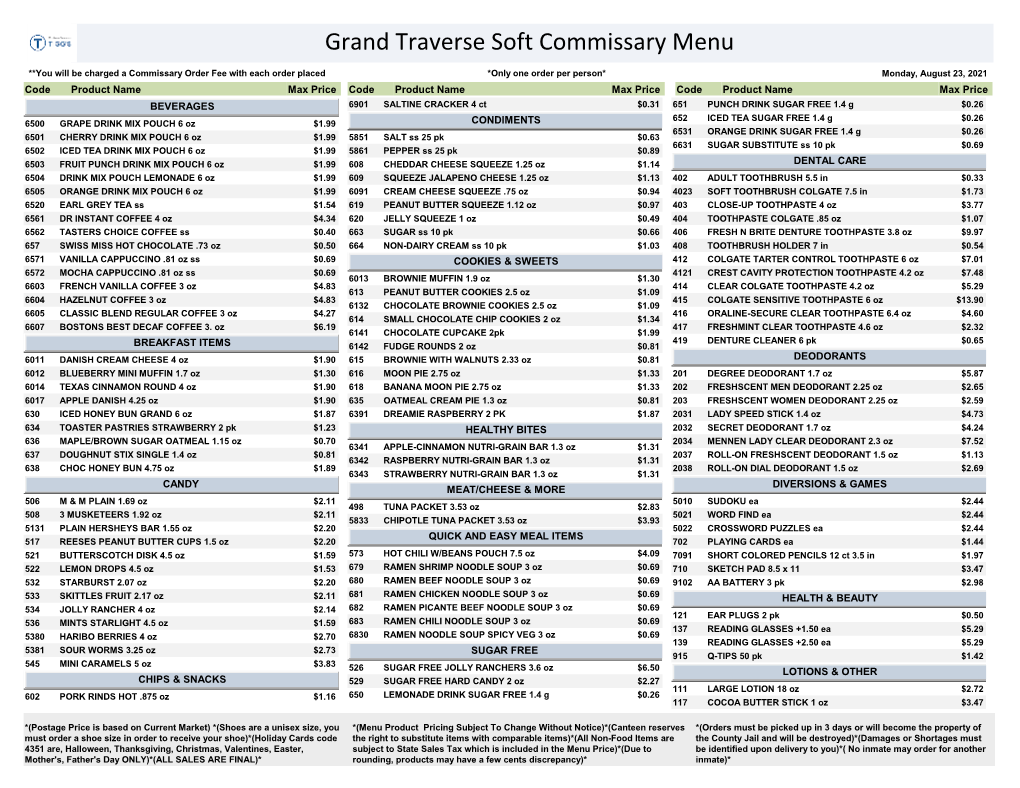 Grand Traverse Soft Commissary Menu