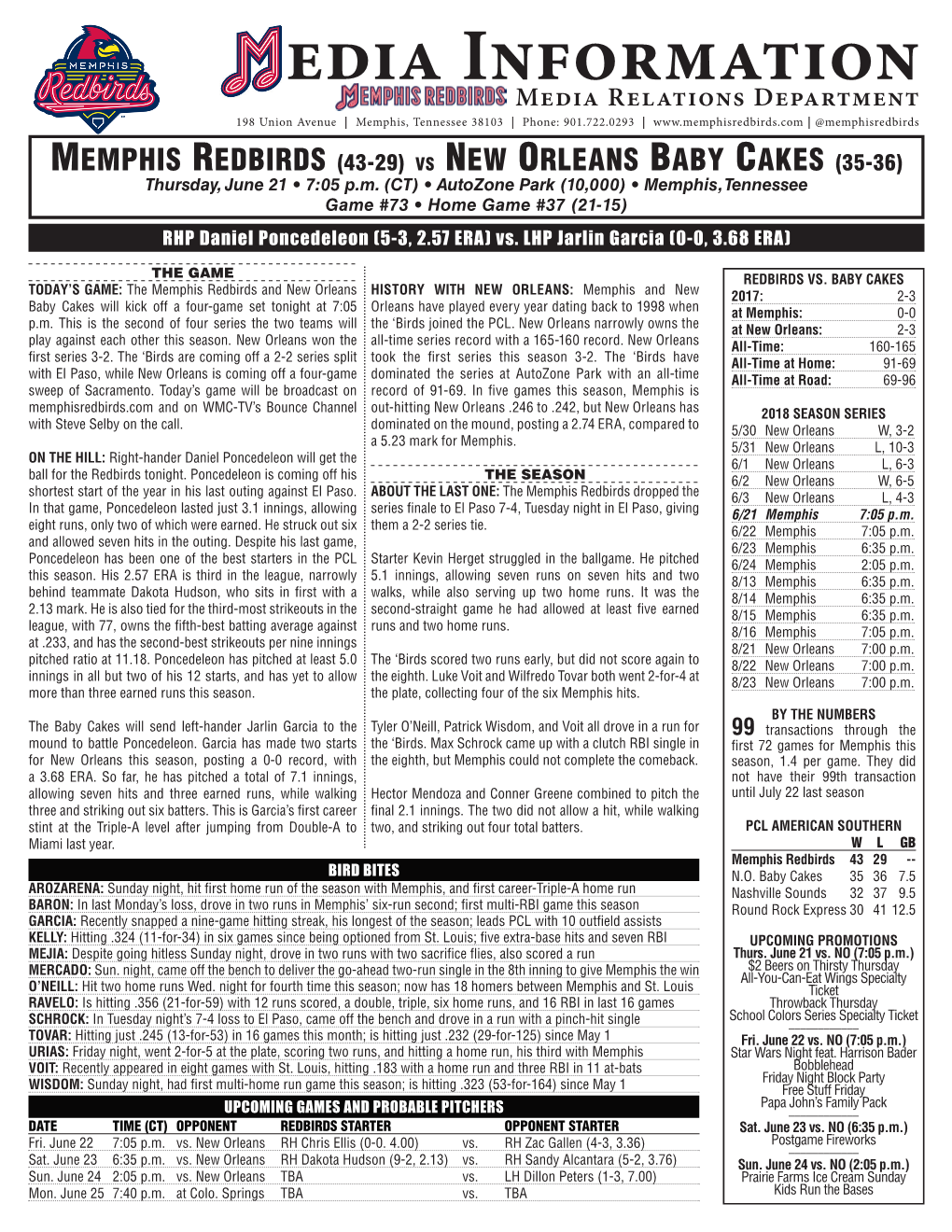 Edia Informationmedia Relations Department 198 Union Avenue | Memphis, Tennessee 38103 | Phone: 901.722.0293 | | @Memphisredbirds