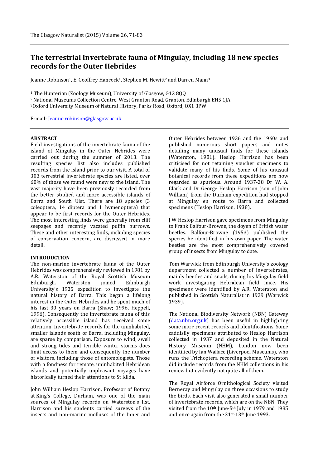 The Terrestrial Invertebrate Fauna of Mingulay, Including 18 New Species Records for the Outer Hebrides