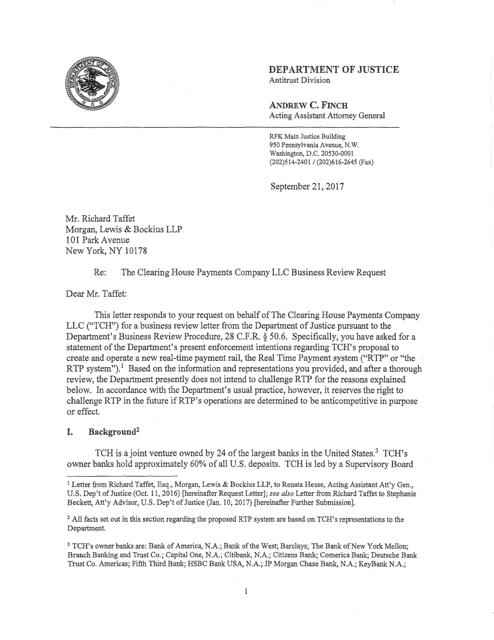 Business Review Letter from the Department of Justice Pursuant to the Department's Business Review Procedure, 28 C.F.R