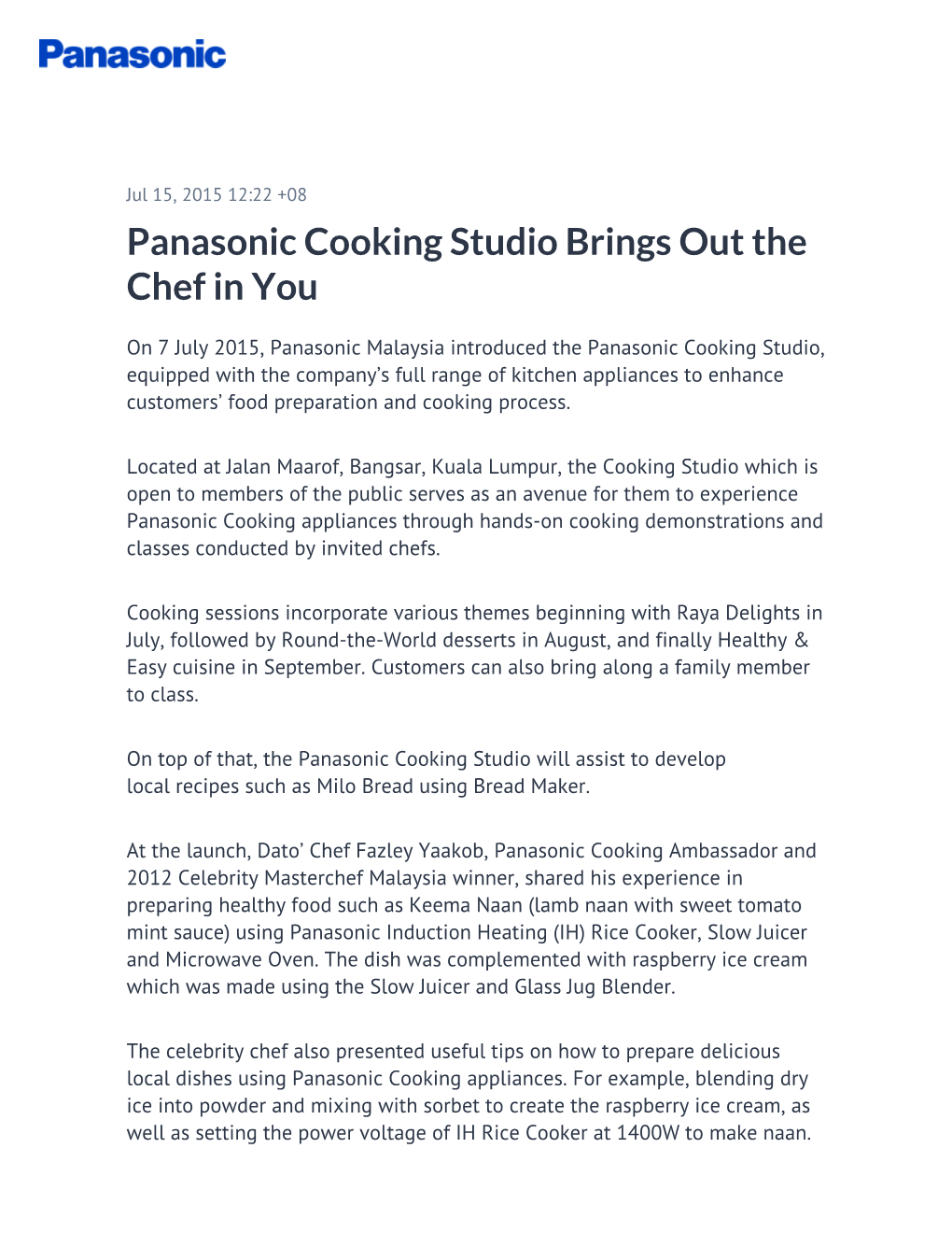 Panasonic Cooking Studio Brings out the Chef in You