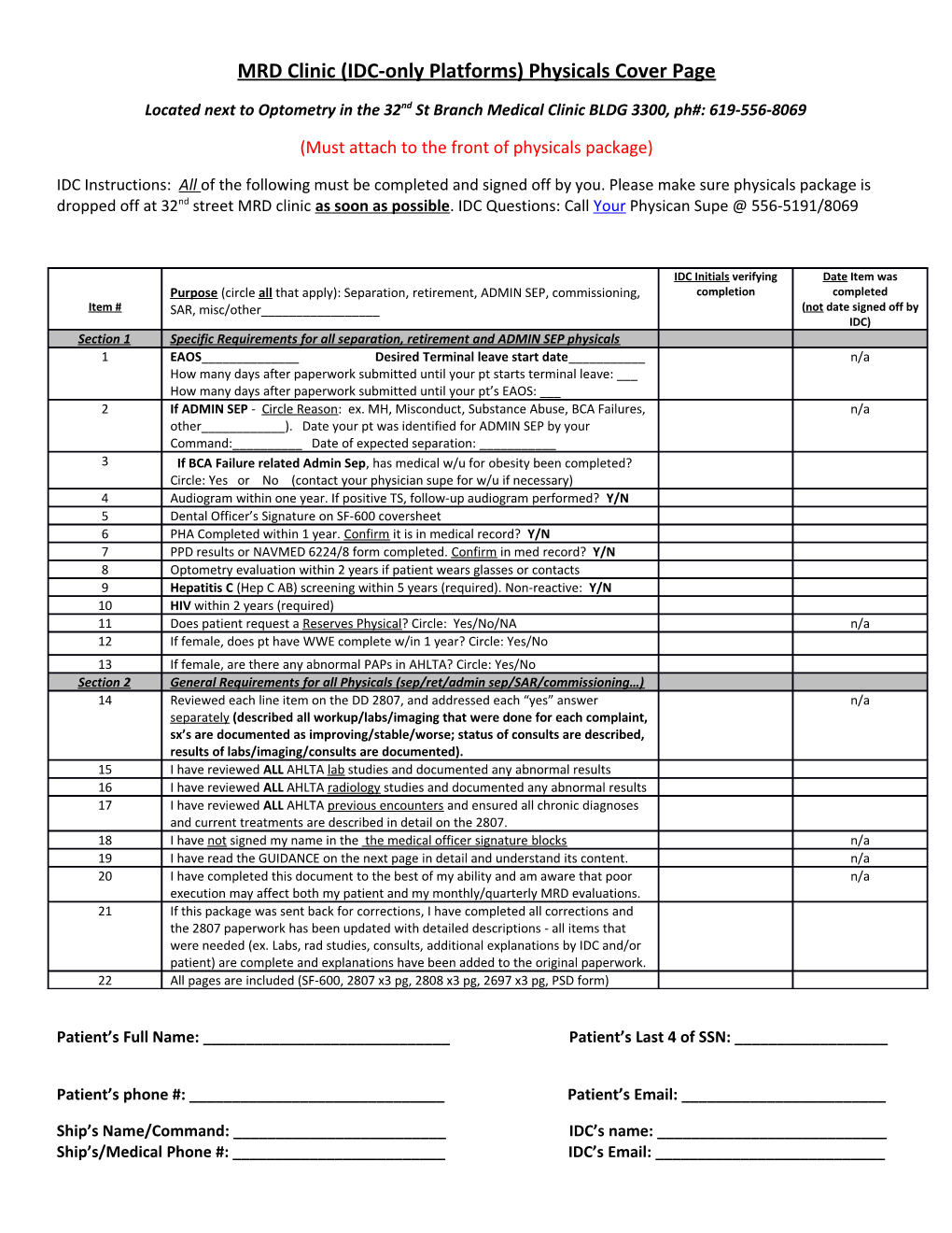 MRD Clinic (IDC-Only Platforms) Physicals Cover Page