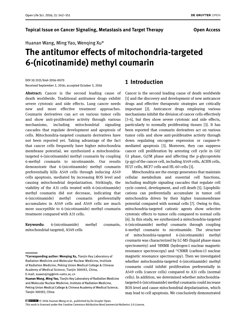 The Antitumor Effects of Mitochondria-Targeted 6-(Nicotinamide) Methyl Coumarin