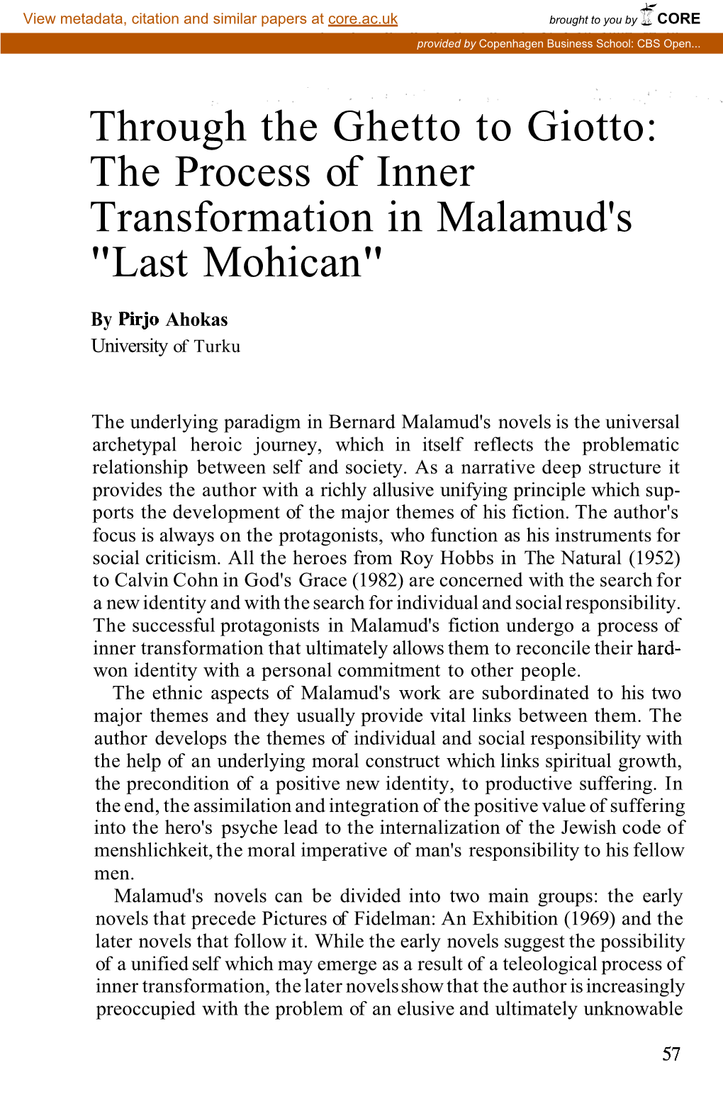 The Process of Inner Transformation in Malamud's 