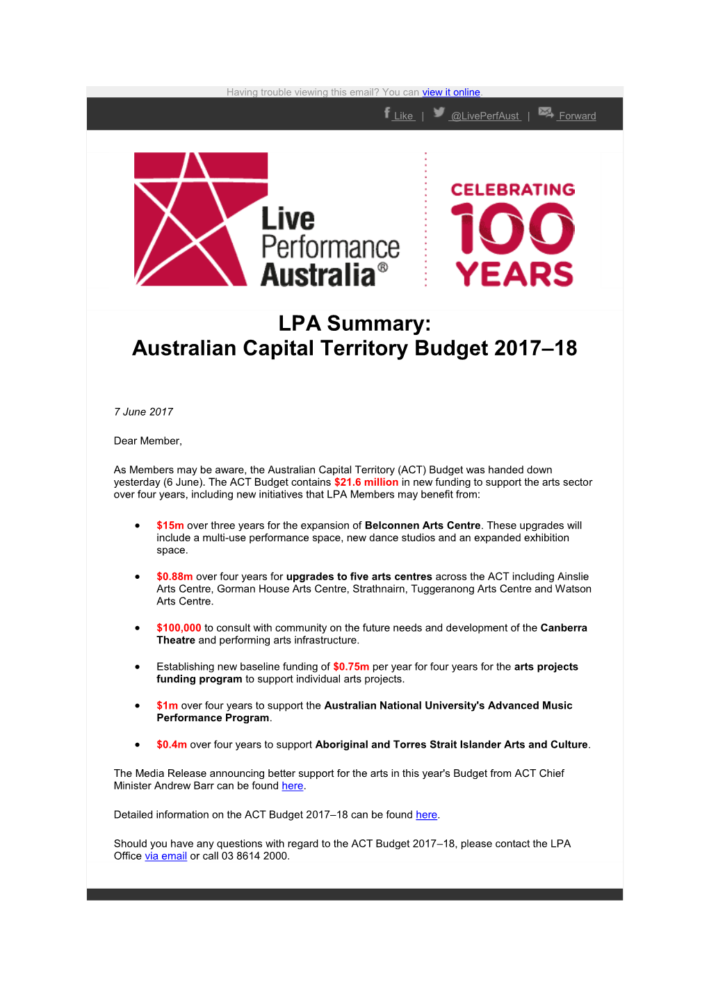 LPA Summary: Australian Capital Territory Budget 2017–18