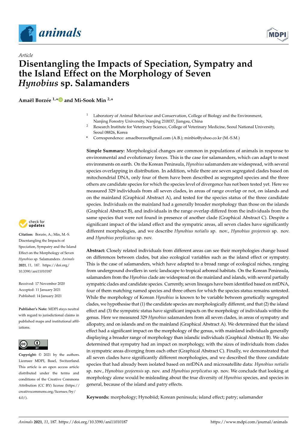 Disentangling the Impacts of Speciation, Sympatry and the Island Effect on the Morphology of Seven Hynobius Sp