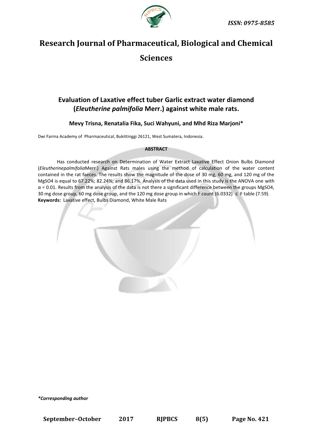 Evaluation of Laxative Effect Tuber Garlic Extract Water Diamond (Eleutherine Palmifolia Merr.) Against White Male Rats