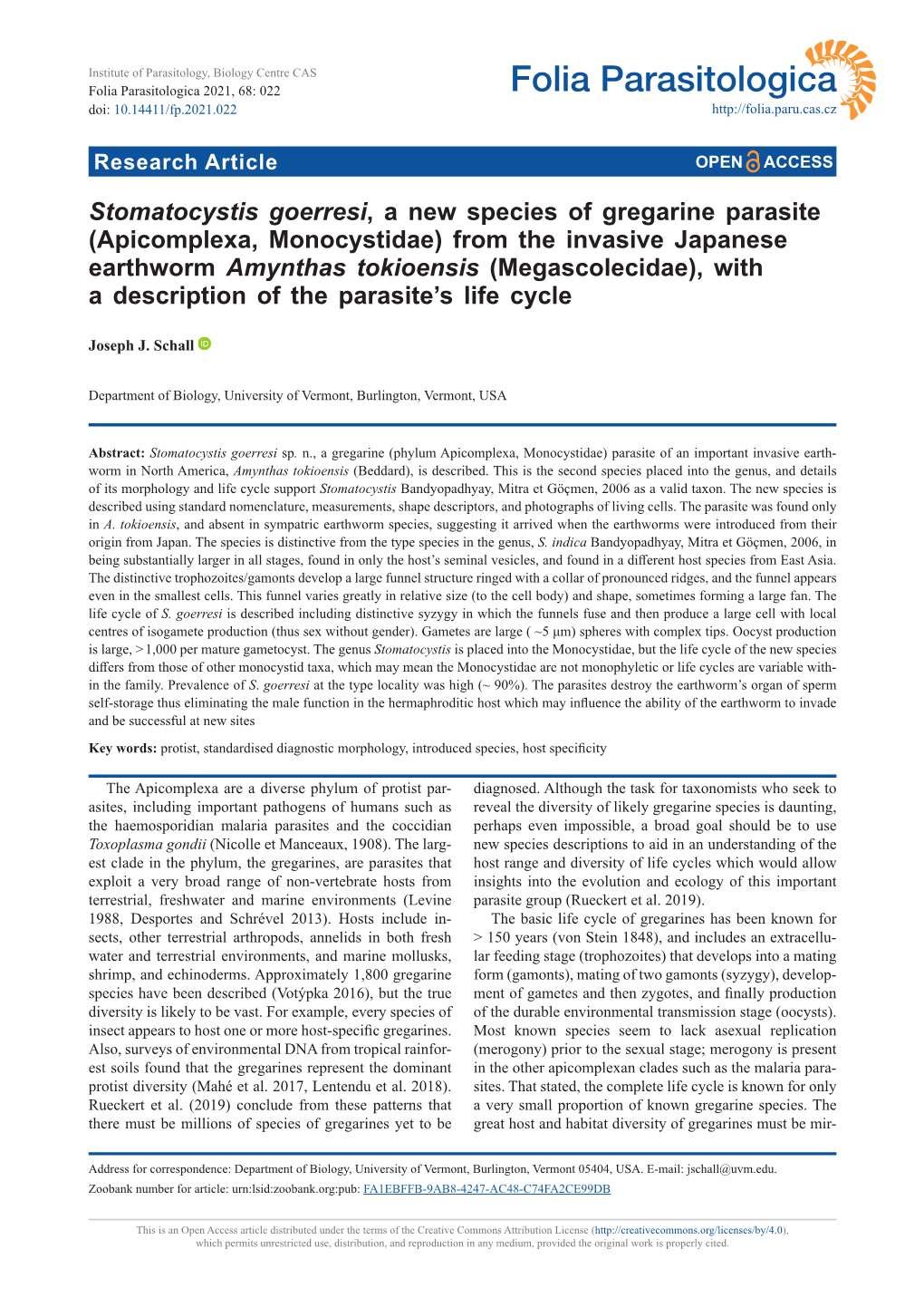 Stomatocystis Goerresi, a New Species of Gregarine Parasite (Apicomplexa