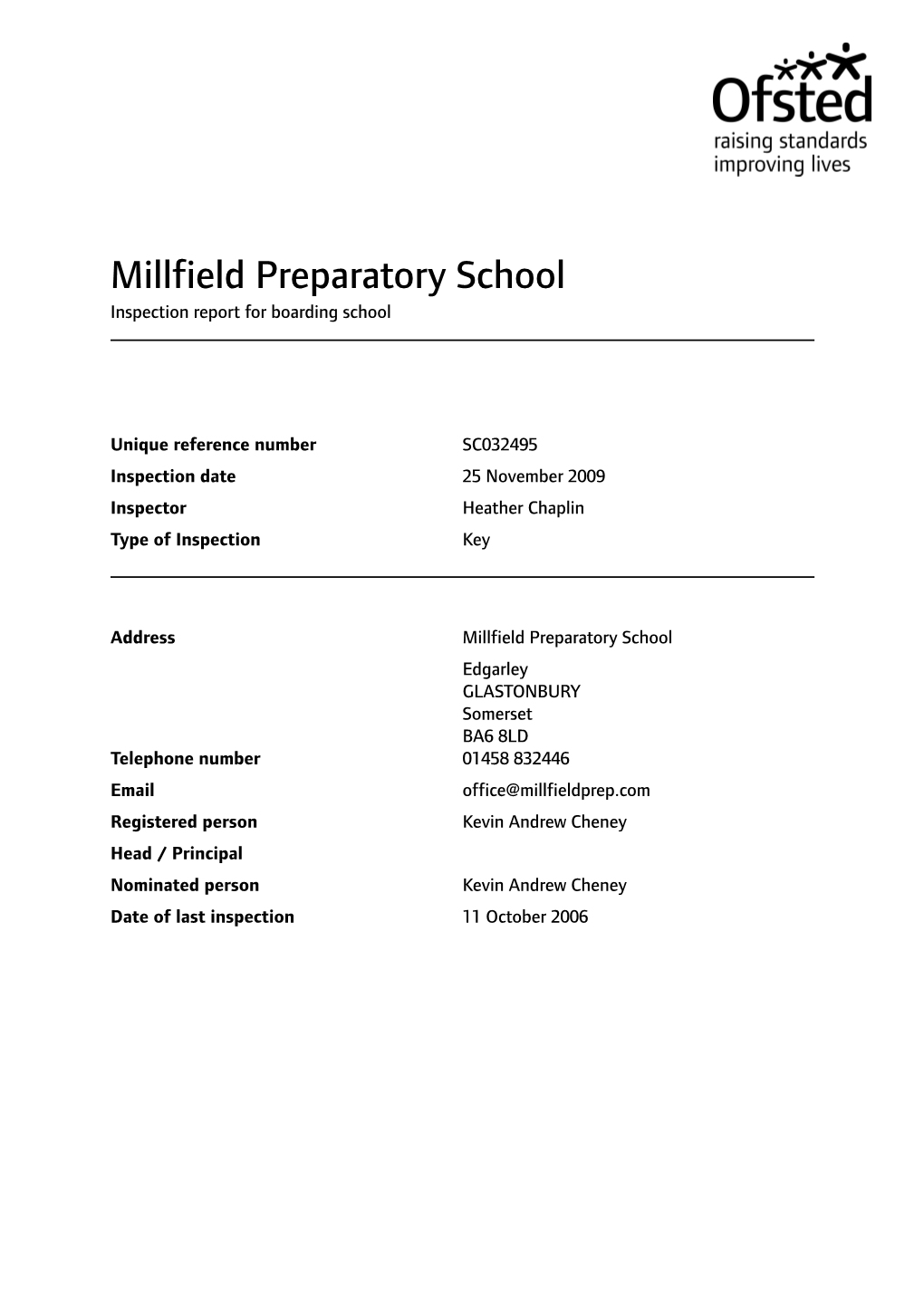 Millfield Preparatory School Inspection Report for Boarding School