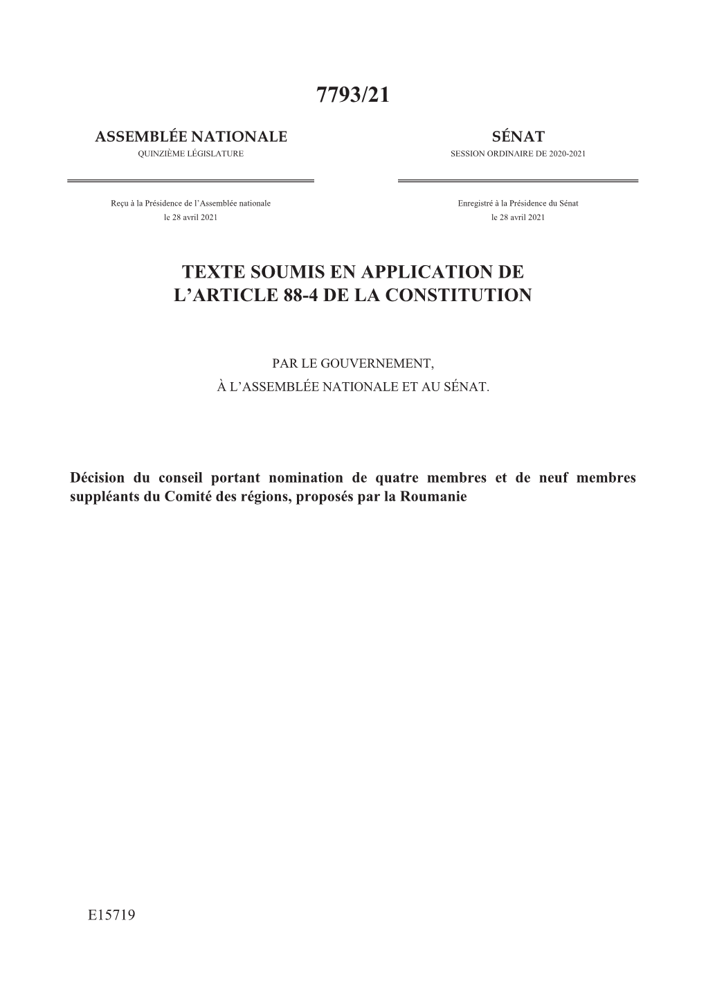 Texte Soumis En Application De L'article 88-4 De La