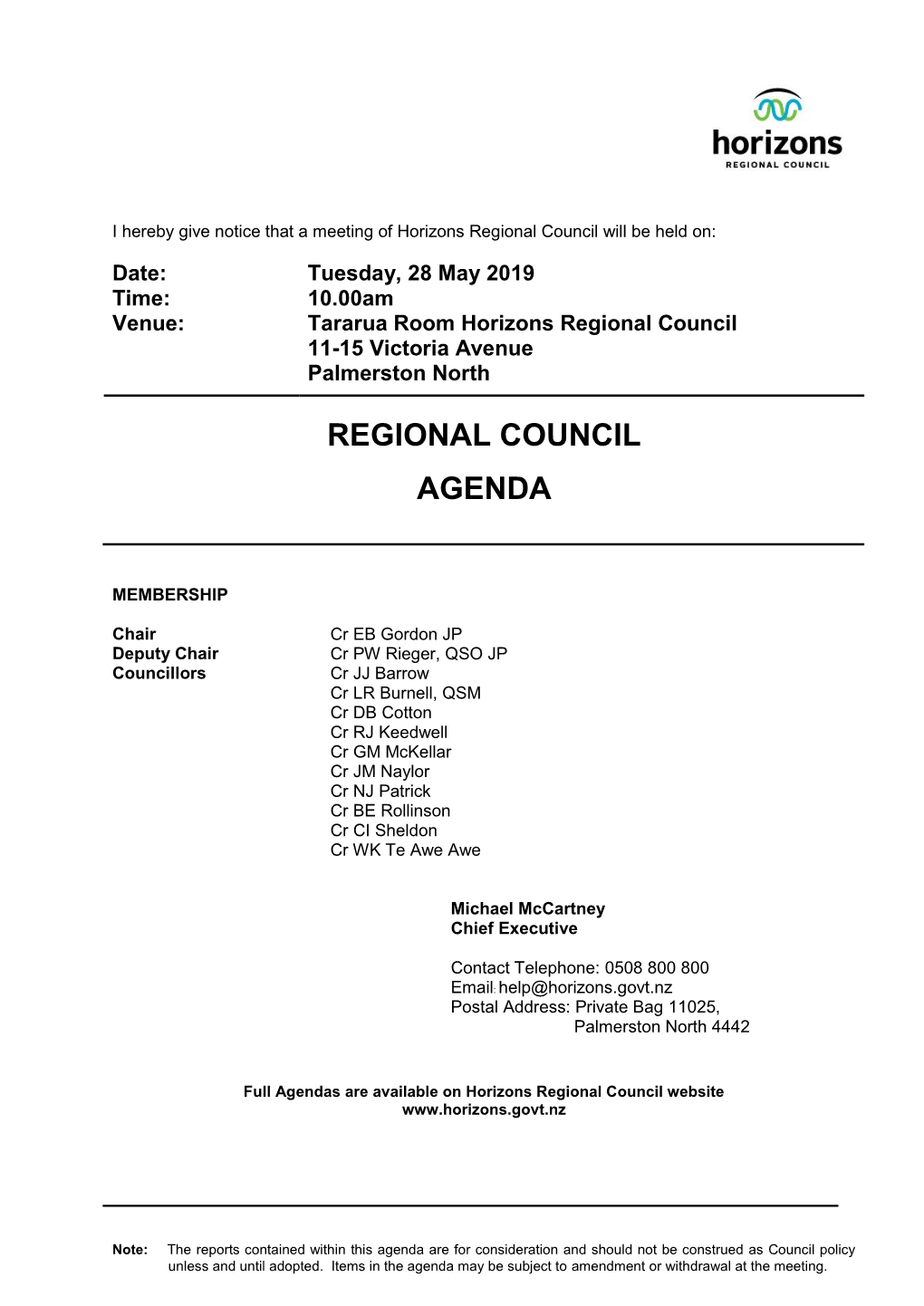 Agenda of Regional Council