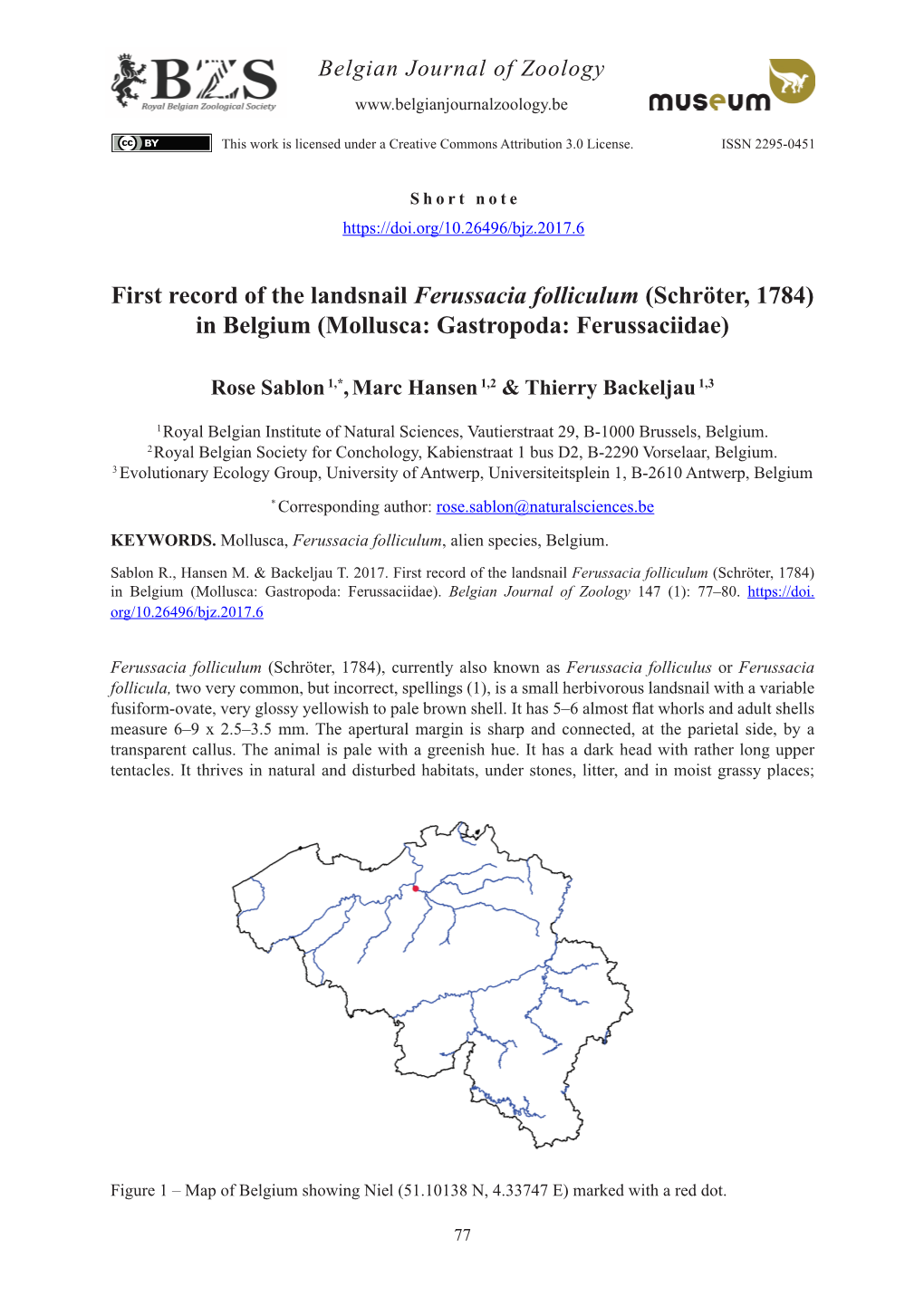 First Record of the Landsnail Ferussacia Folliculum (Schröter, 1784) in Belgium (Mollusca: Gastropoda: Ferussaciidae)