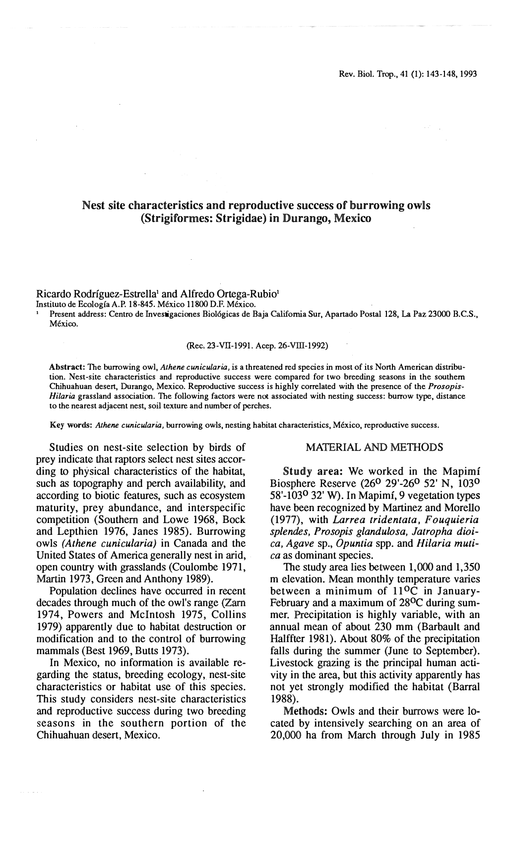 Nest Site Charaderistics and Reproductive Success of Burrowing Owls (Strigiformes: Strigidae) in Durango, Mexico