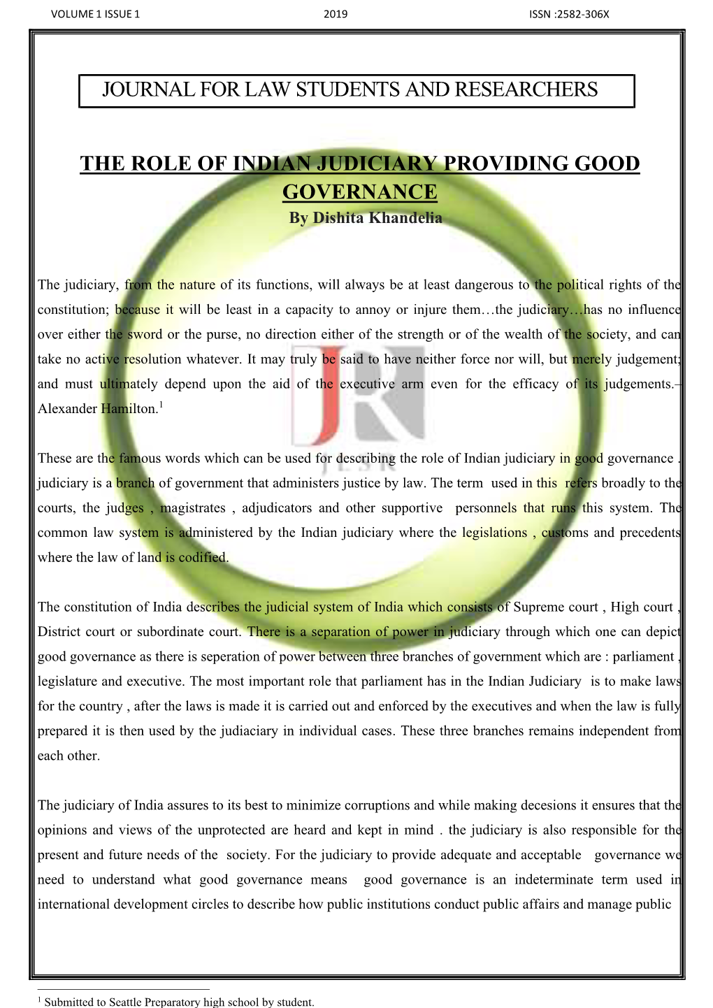 THE ROLE of INDIAN JUDICIARY PROVIDING GOOD GOVERNANCE by Dishita Khandelia