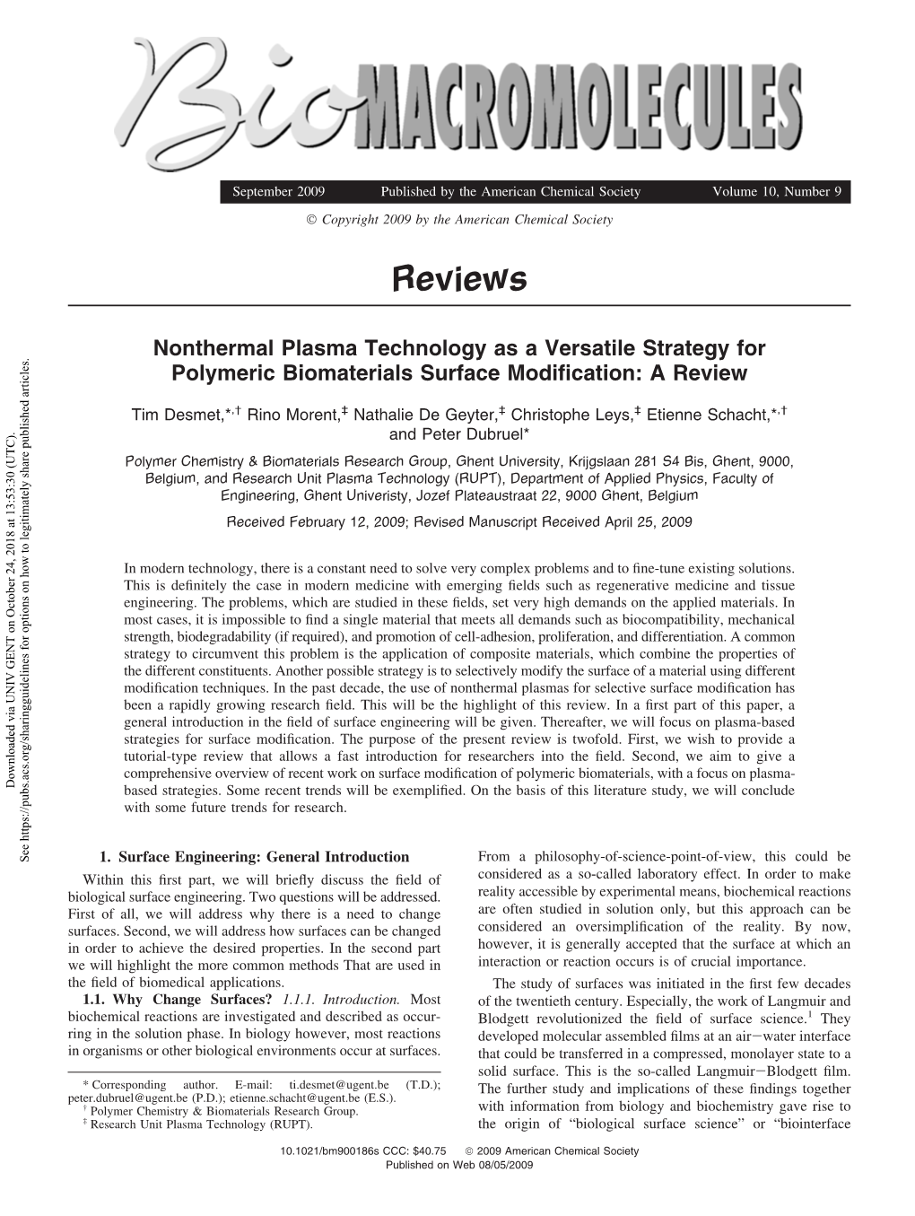 Nonthermal Plasma Technology As a Versatile Strategy for Polymeric Biomaterials Surface Modiﬁcation: a Review