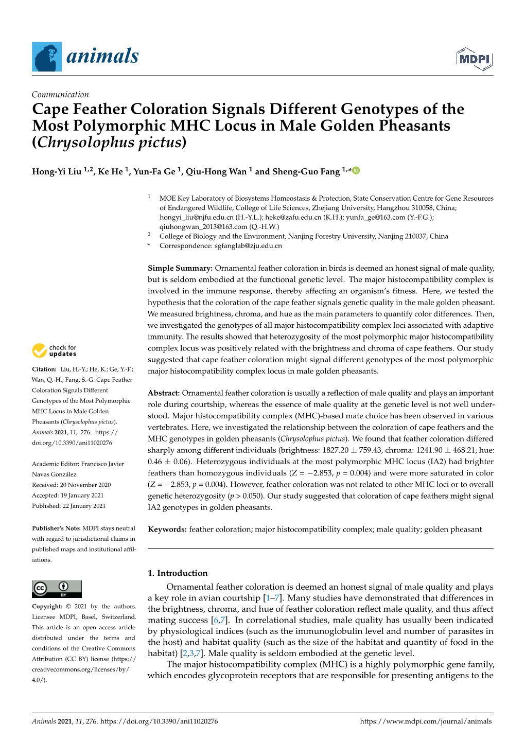 Cape Feather Coloration Signals Different Genotypes of the Most Polymorphic MHC Locus in Male Golden Pheasants (Chrysolophus Pictus)