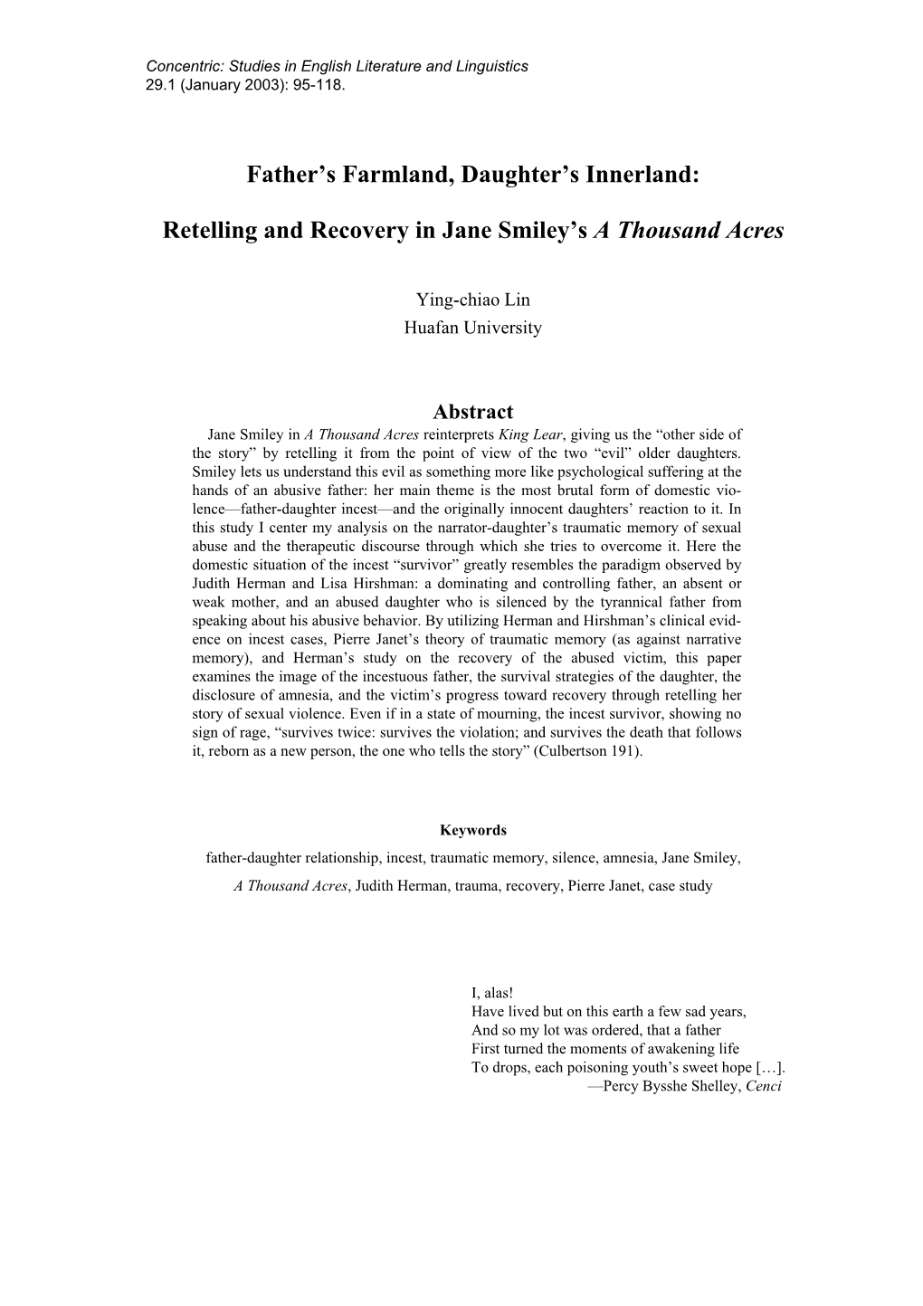 Retelling and Recovery in Jane Smiley's a Thousand Acres