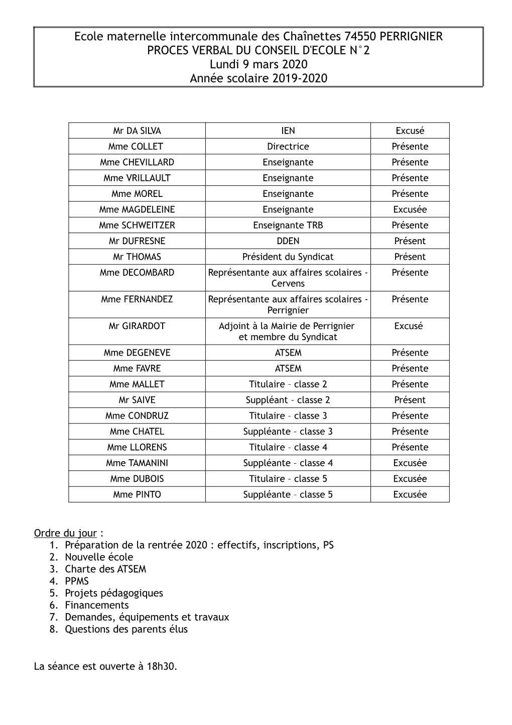 Ecole Maternelle Intercommunale Des Chaînettes 74550 PERRIGNIER PROCES VERBAL DU CONSEIL D'ecole N°2 Lundi 9 Mars 2020 Année Scolaire 2019-2020