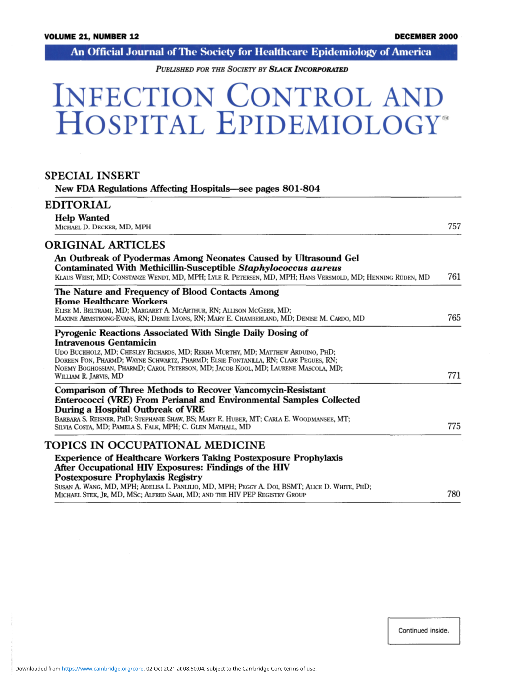 INFECTION CONTROL and HOSPITAL EPIDEMIOLOGY &lt;S