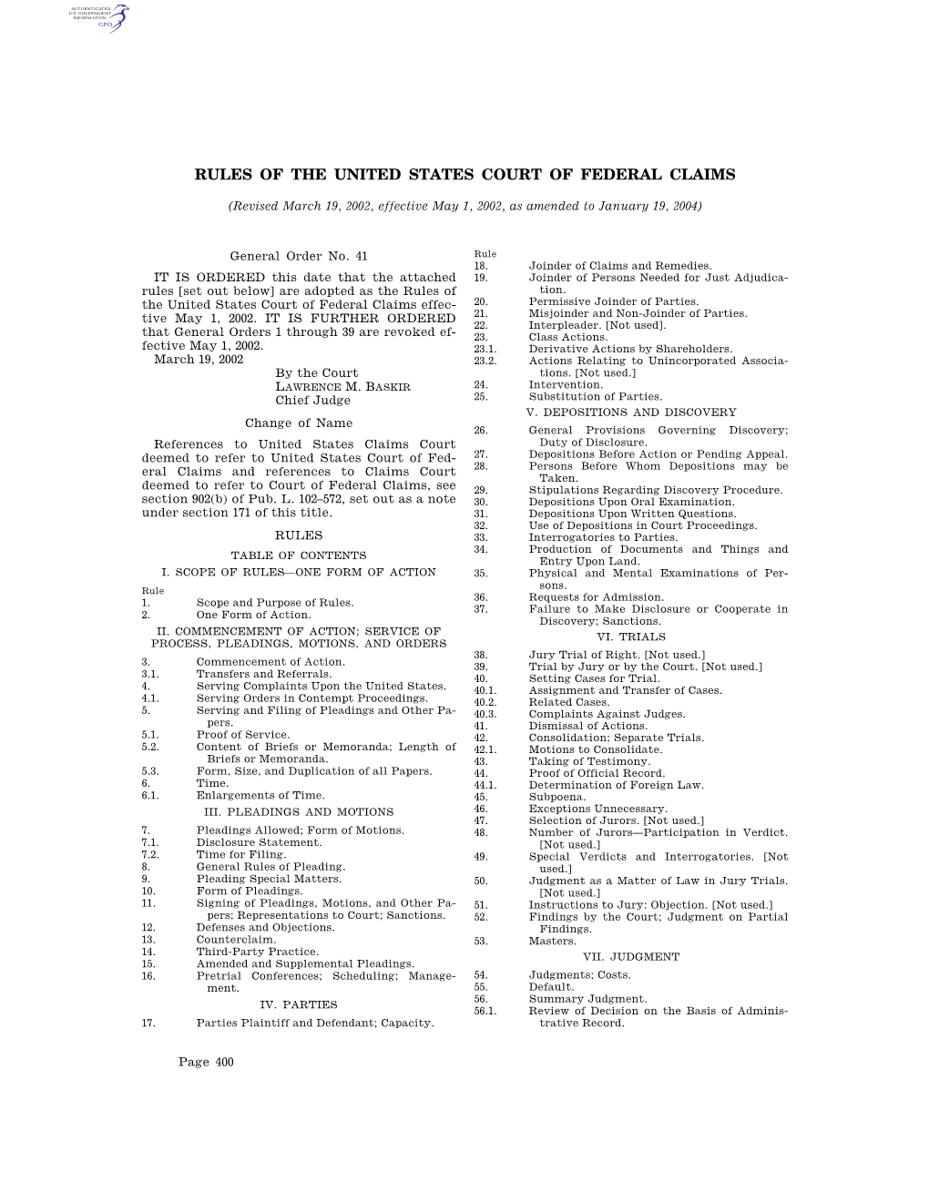 Rules of the United States Court of Federal Claims