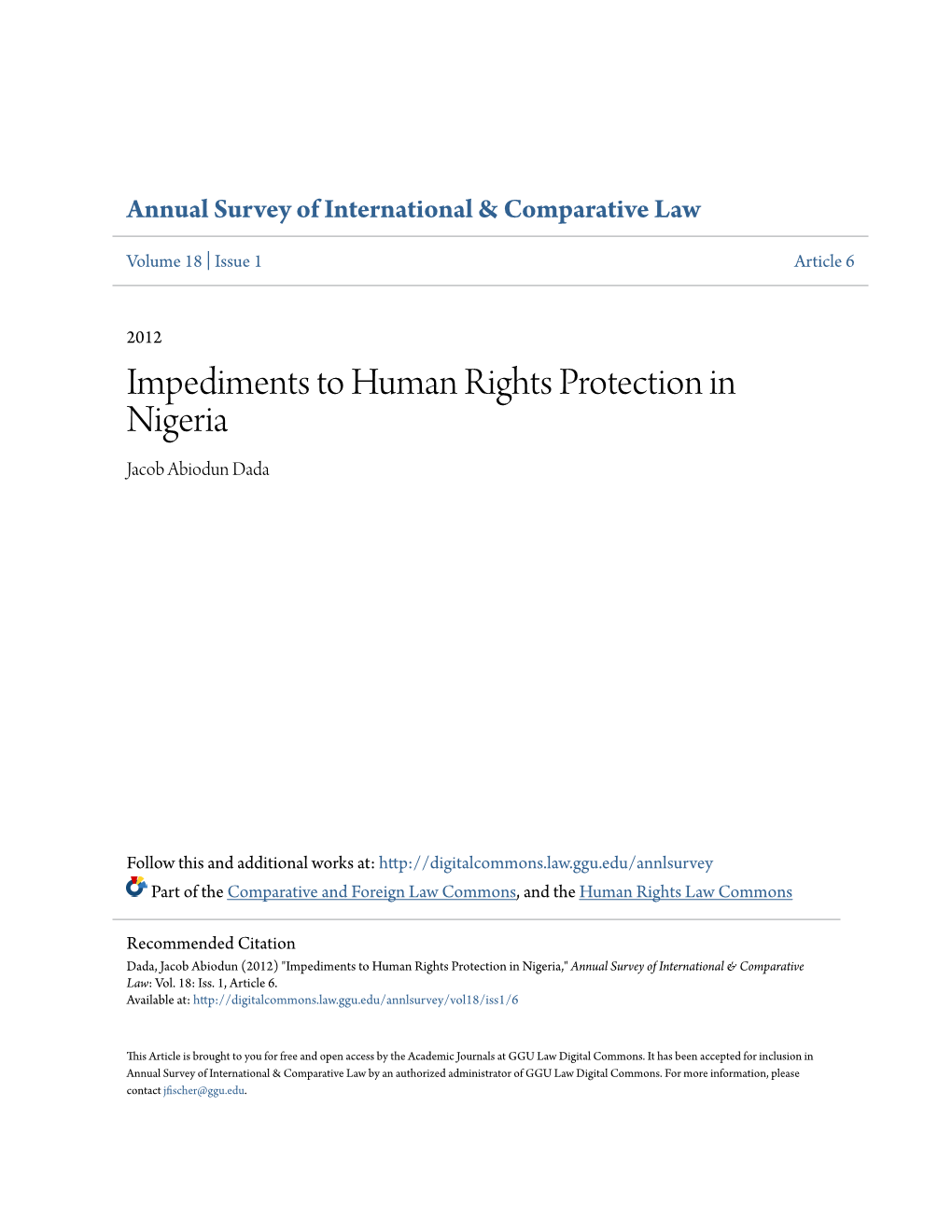 Impediments to Human Rights Protection in Nigeria Jacob Abiodun Dada