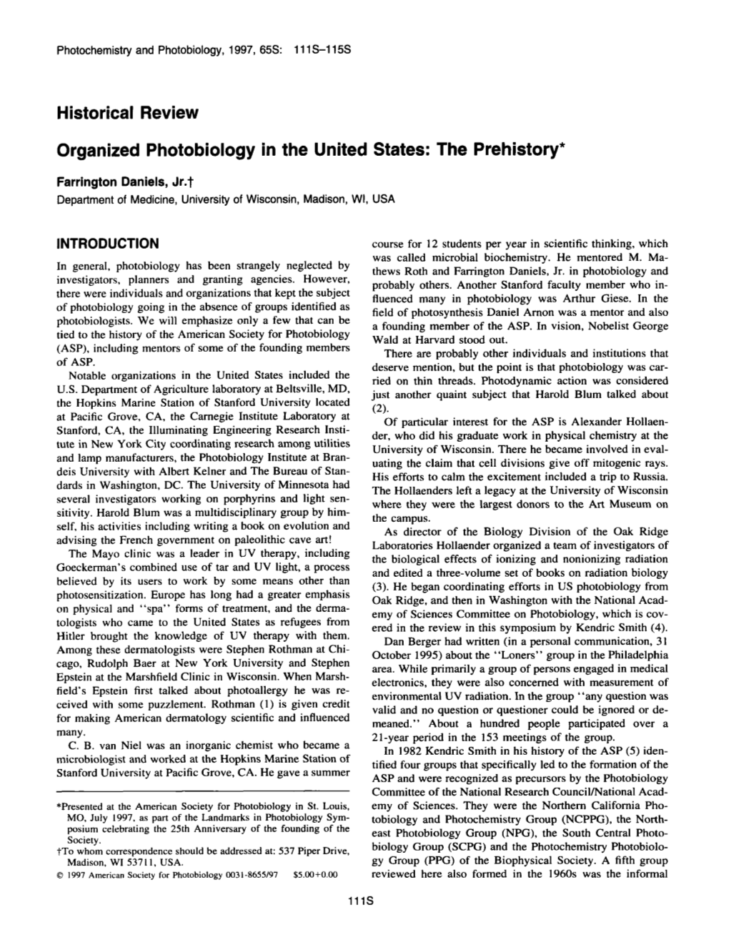 Organized Photobiology in the United States: the Prehistory*