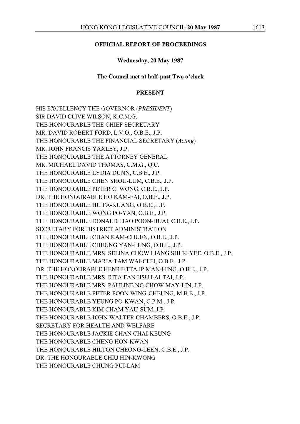 HONG KONG LEGISLATIVE COUNCIL-20 May 1987 1613