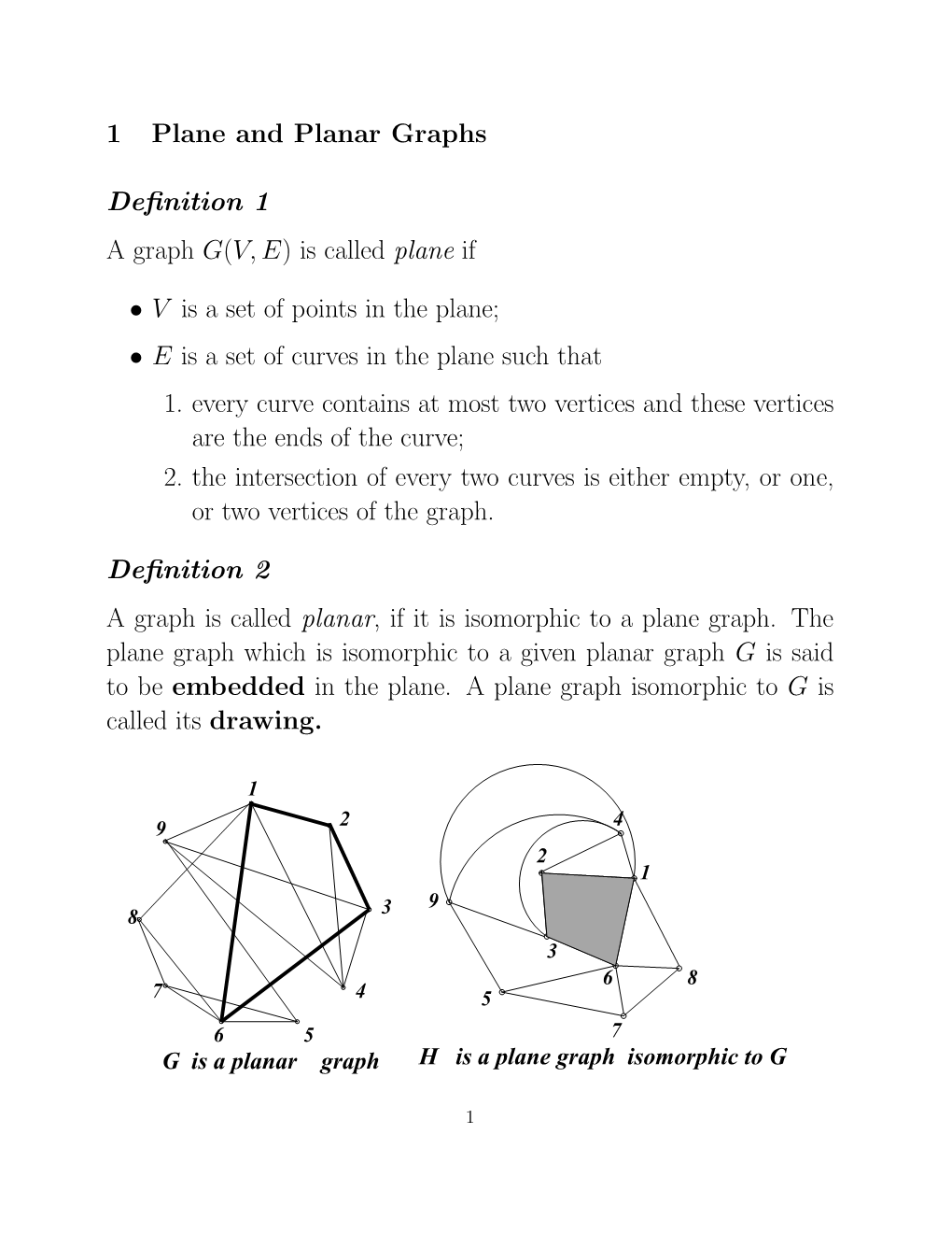 1 Plane and Planar Graphs Definition 1 a Graph G(V,E) Is Called Plane If • V Is a Set of Points in the Plane; • E Is a Set O