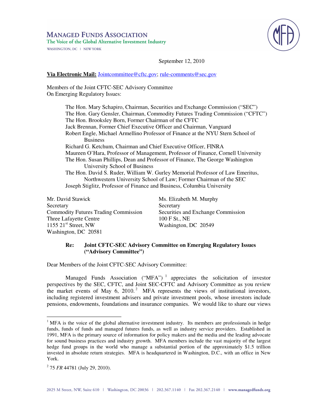 September 12, 2010 Via Electronic Mail: Jointcommittee@Cftc.Gov; Rule