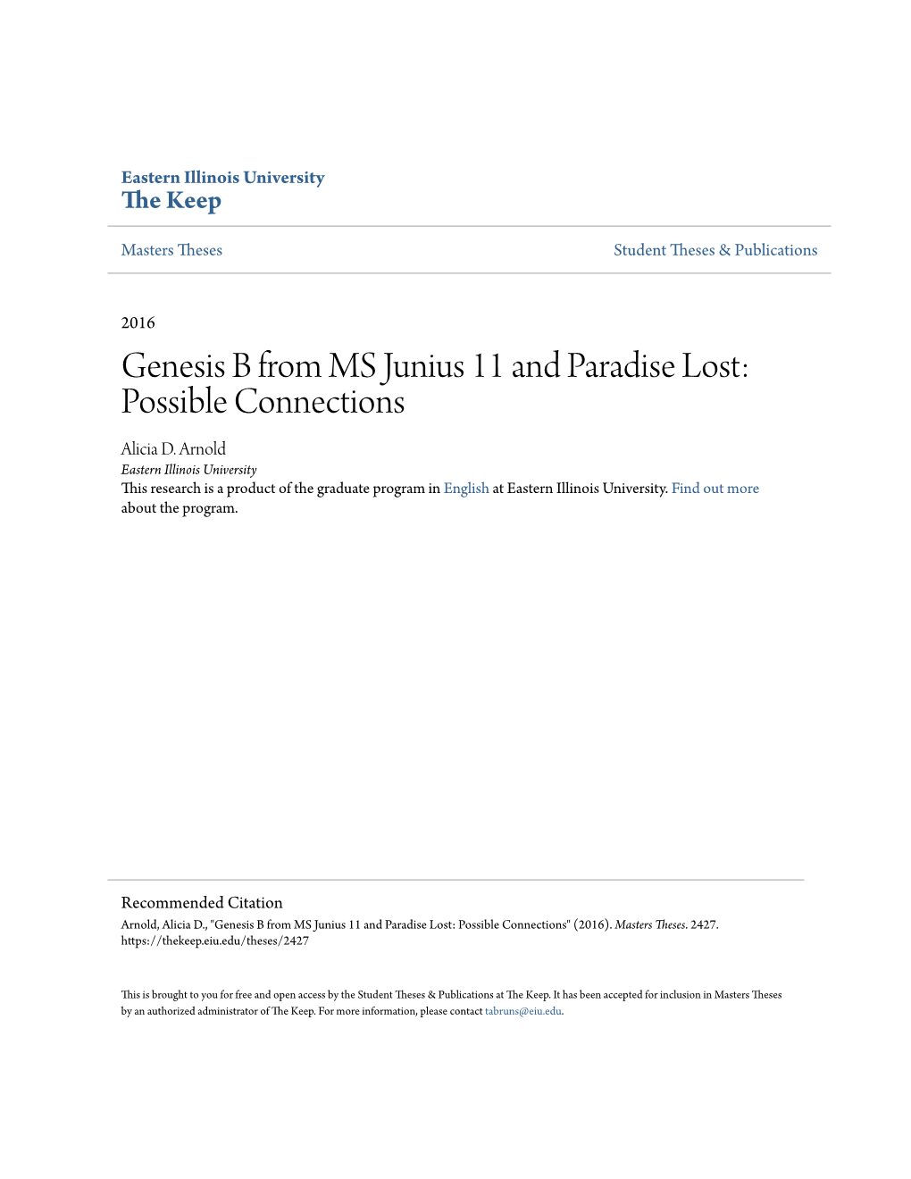 Genesis B from MS Junius 11 and Paradise Lost: Possible Connections Alicia D